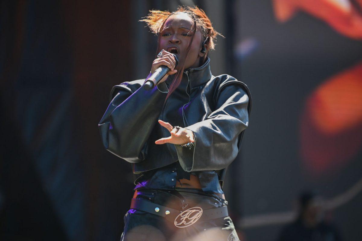 Amaarae sings to the crowd during the Dreamville Festival at Dorothea Dix Park on Saturday, April 6, 2024. Amaarae was the fourth performer of the day, following Domani, Luh Tyler and Lute.