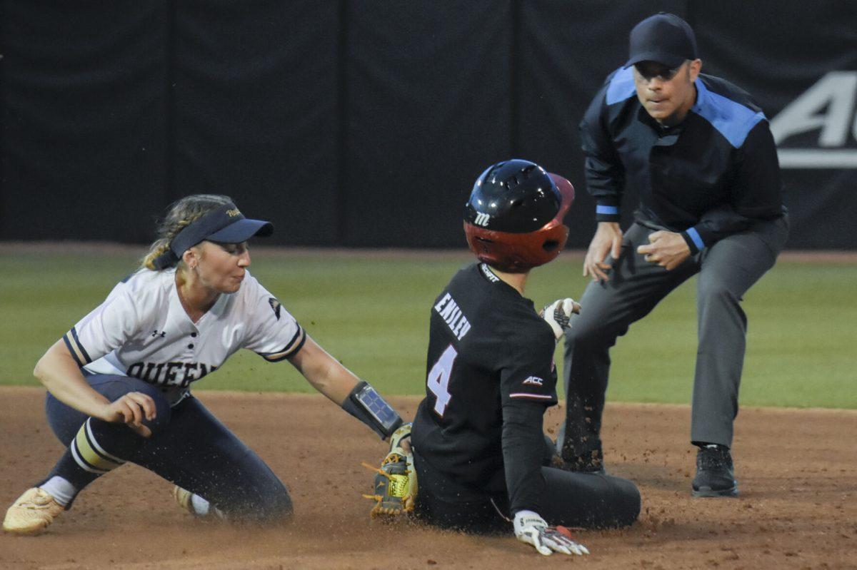 Freshman infielder Tori Ensley slides into second base during the second game of the doubleheader against Queens University at Dail Softball Stadium on Tuesday, April 9, 2024. Ensley had four at bats with two runs and one hit. NC State won the game 8-1.