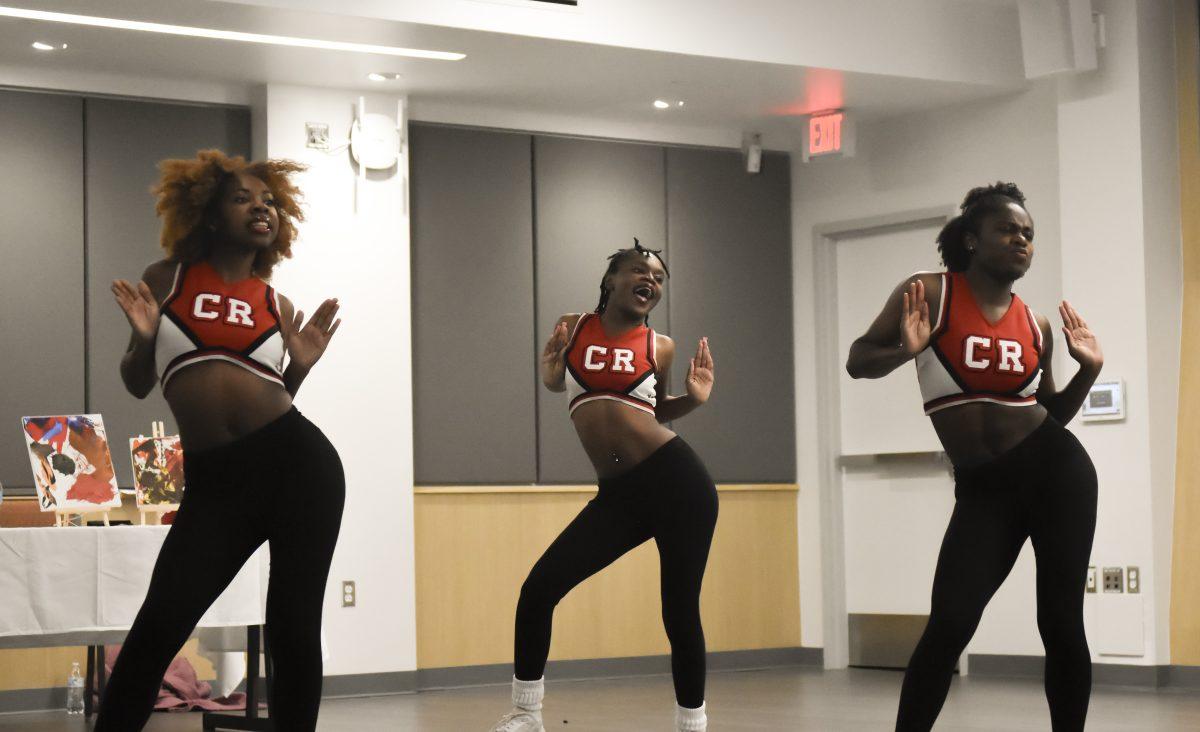 Code Red, a Stomp N Shake cheer group at NC State performs at the April Art Showcase on Thursday, April 11, 2024 in Witherspoon Student Center. The April Art Showcase was hosted by Black Artist Coalition to showcase Black dancers, singers, poets and artists.