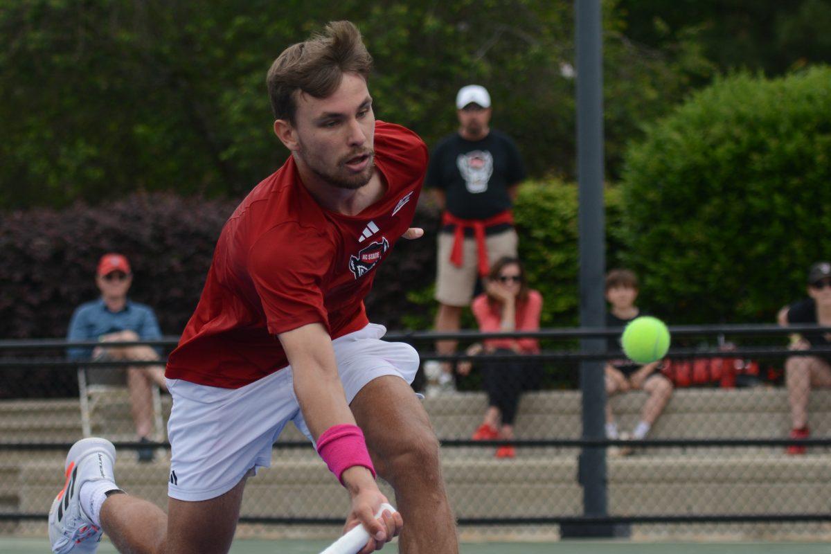 Freshman Jakub Katuch runs towards the ball during the ACC Tournament quarterfinals match against Florida State at Cary Tennis Park on Friday, April 19, 2024. NC State lost 4-0 to Florida State.