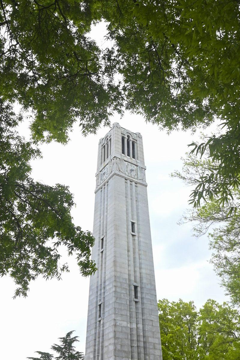 The Belltower stands at the corner of NC State's campus on Tuesday, April 9, 2024. Students flock to the Belltower after important Wolfpack athletic victories.