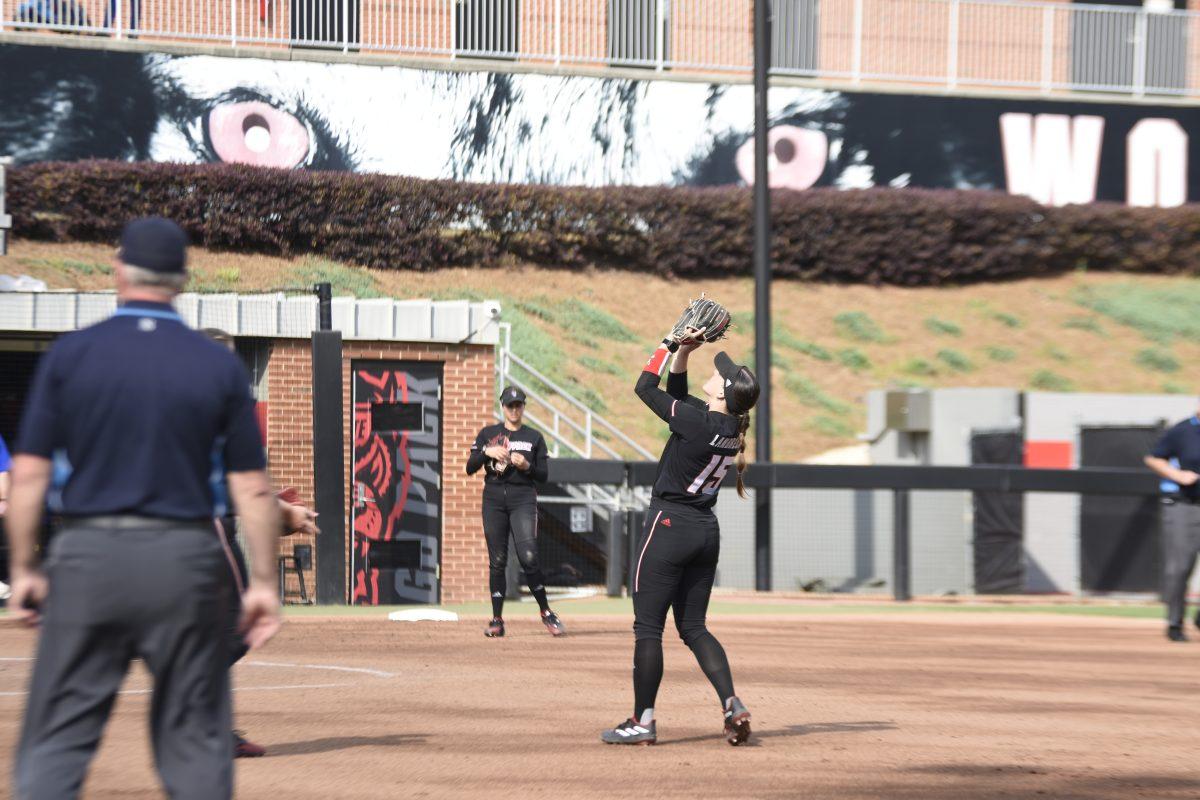Senior second baseman Kaylee Lambrecht catches a pop fly and scores an out at the Dali Softball Stadium against Presbyterian on Saturday, April 20, 2024. NC State won against Presbyterian 9-0 in five innings.