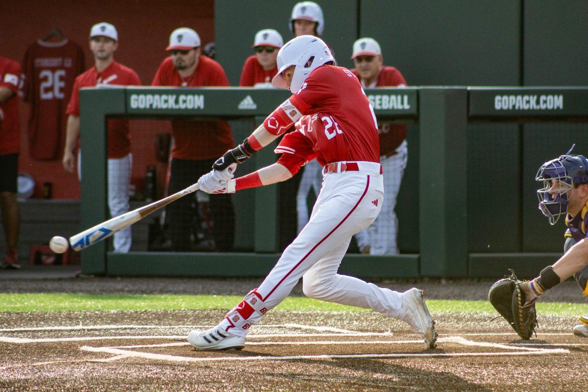 Junior infielder Brandon Butterworth swings for the ball during the game against ECU at Doak Field at Dail Park on Tuesday, April 2, 2024. Butterworth had 4 at-bats with 0 hits during the game. NC State lost to ECU 12-4.