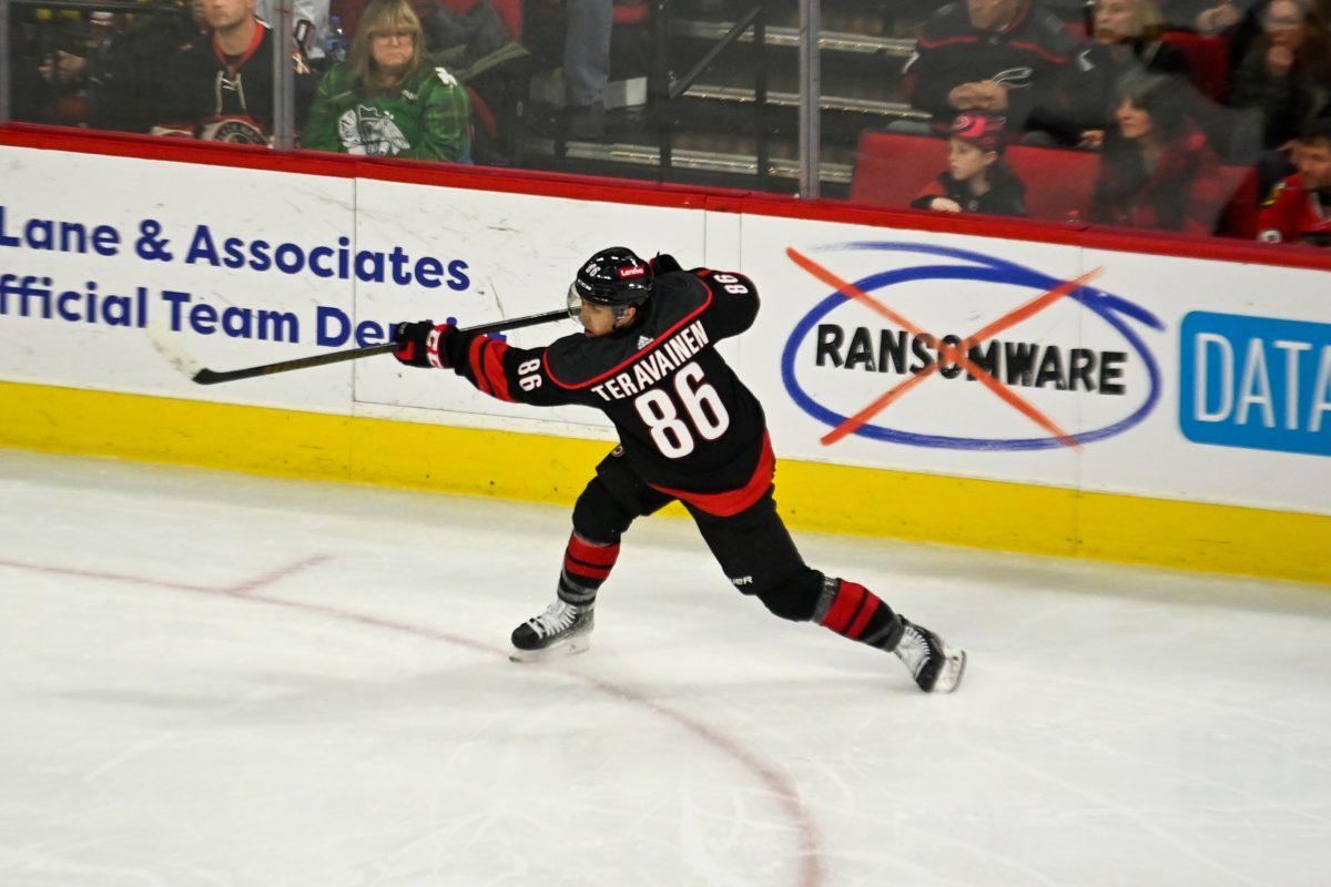 Carolina Hurricanes left wing Teuvo Teravainen shoots the puck during the game against the Chicago Blackhawks in PNC Arena on Monday, Feb. 19, 2024. Teravainen had one goal. The Hurricanes beat the Blackhawks 6-3.