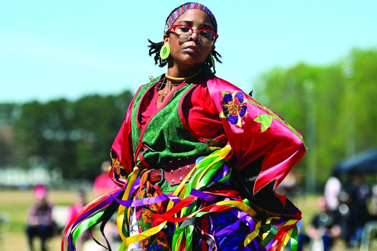 Cipher Mcghee performs at NC State's 33rd Annual Powwow on Saturday, March 30, 2024. The theme of this year's Powwow was "power in acknowledgement."