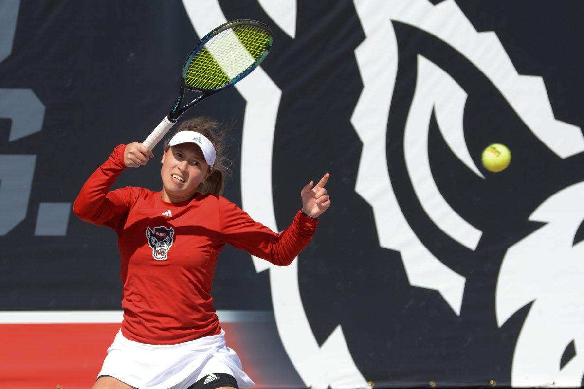 Sophomore Anna Zyryanova returns the ball during the match against Miami at Dail Outdoor Tennis Stadium on Friday, April 5, 2024. Zyryanova won her singles match. NC State beat Miami 4-3.