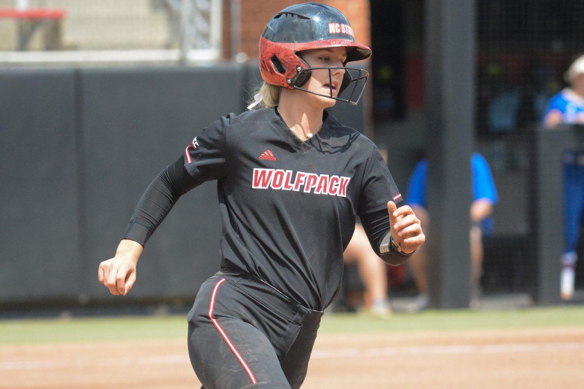 Junior Hannah Goodwin runs during the game against Presbyterian at Dail Softball Stadium on Saturday April 20, 2024. Goodwin walked once and had three runs batted. The Wolfpack defeated the blue hose in the first game of the doubleheader 10-0.