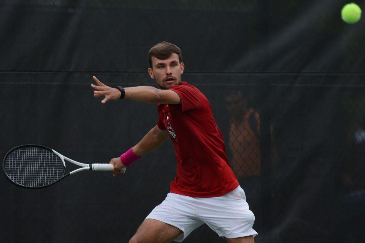 Freshman Jakub Katuch returns the ball during the ACC Tournament quarterfinals match against Florida State at Cary Tennis Park on Friday, April 19, 2024. NC State lost 4-0 to Florida State.