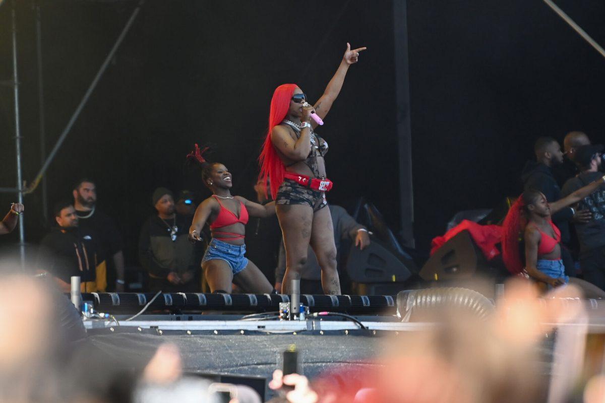 Sexxy Red raps to the crowd during the Dreamville Festival at Dorothea Dix Park on Saturday, April 6, 2024. Sexxy Red performed among many other artists on the first day, some of which included Lil Yachty, J.I.D, Teezo Touchdown and SZA.