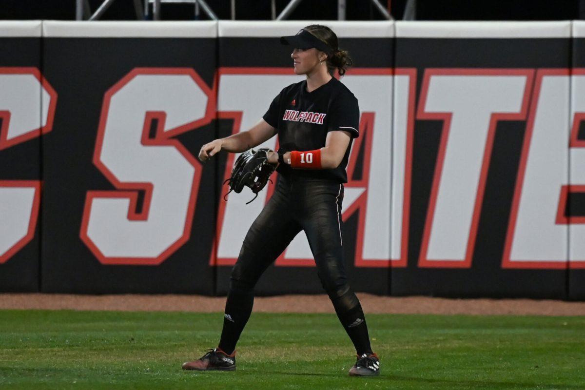 Sophomore outfielder Ellie Goins dances in the game against Elon at Dail Softball Stadium on Tuesday, April 2, 2024. Goins had one at bat and one run. NC state won the game 12-2.