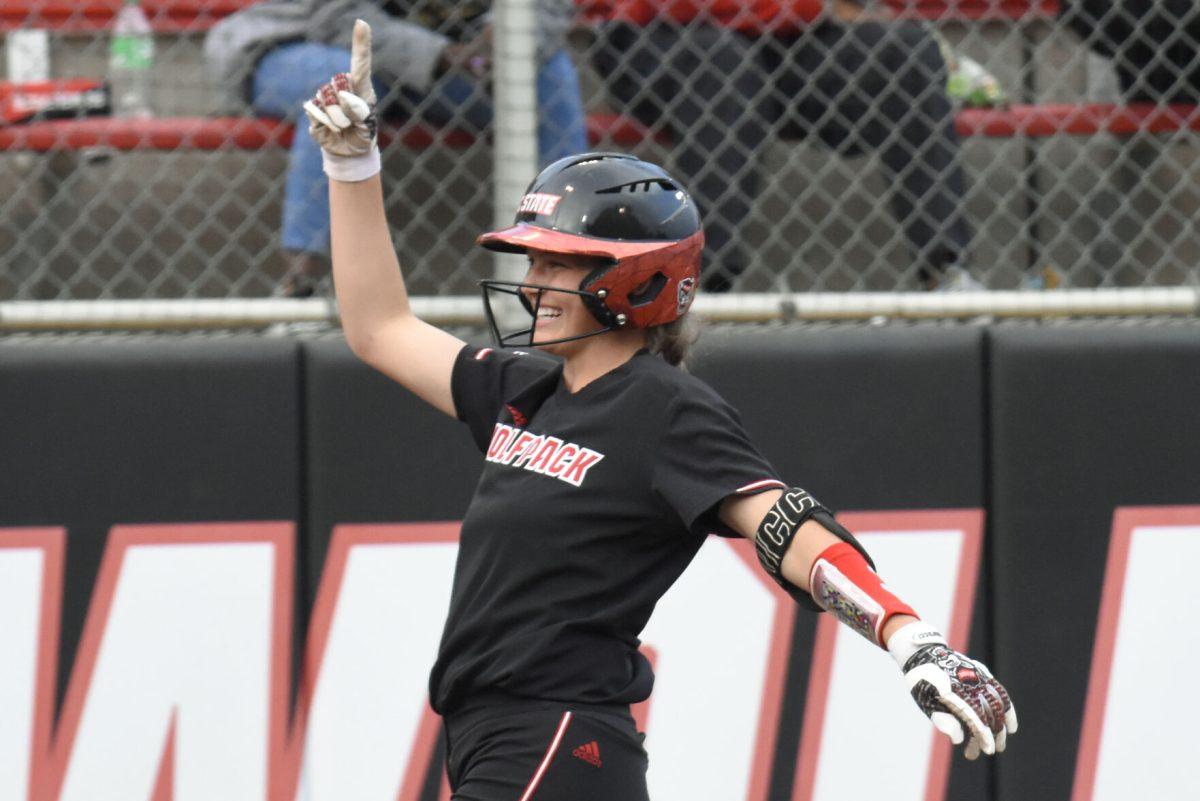 Junior infielder Taylor Ensley celebrates after hitting a home run during the second game of the doubleheader against Queens University at Dail Softball Stadium on Tuesday, April 9, 2024. Ensley had three at bats with one run and one hit. NC State won the game 8-1.
