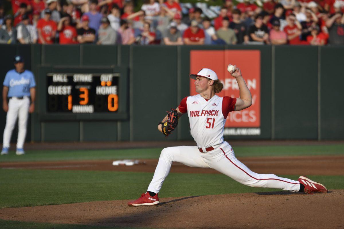 Sophomore pitcher Dominic Fritton pitches during the Wolfpack's home game against the UNC-Chapel Hill Tar Heels on Doak Field at Dail Park on Friday, April 19, 2024. Fritton, the starting pitcher for the Wolfpack Friday night, pitched for a season high six innings giving up four hits for four runs on 99 pitches. The Wolfpack beat the Tar Heels 5-4.