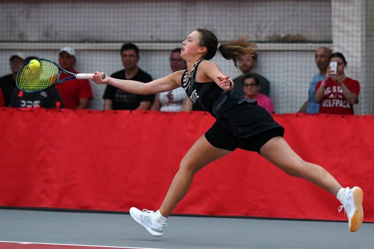 Sophomore Anna Zyryanova forehands the ball during the NCAA Tournament second round match against Old Dominion at J.W. Isenhour Tennis Center on Sunday, May 5, 2024. Zyryanova won both her singles and doubles match. NC State beat Old Dominion 4-0 to advance to the Sweet 16.