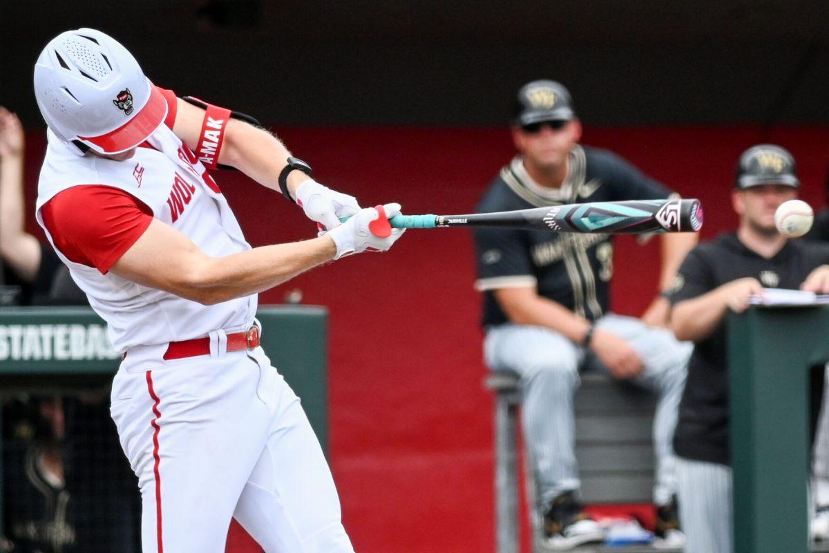 Graduate infielder Alec Makarewicz hits during the game against Wake Forest at Doak Field at Dail Park on Saturday, May 18, 2024. Makarewicz scored one run on two hits. NC State beat Wake Forest 9-6 and swept the series.