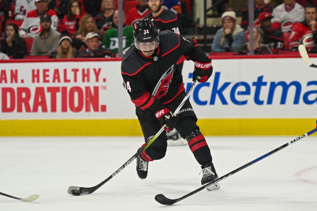 Carolina Hurricanes center Seth Jarvis shoots the puck during the game against the New York Islanders in PNC Arena on Thursday, Nov. 30, 2023. Jarvis had one shot during the game. The Islanders beat the Hurricanes 5-4 in overtime.