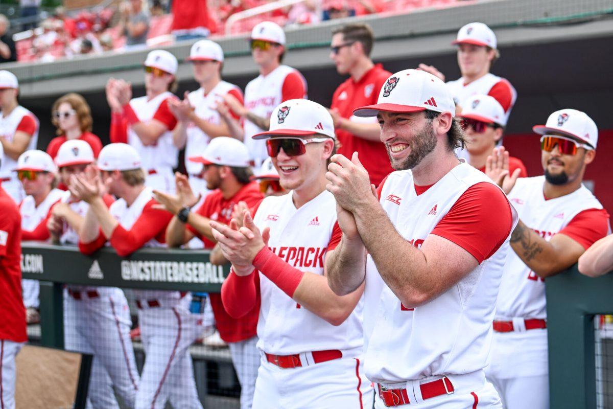 Junior pitcher Win Scott and the rest of the team celebrate Senior Day before the game against Wake Forest at Doak Field at Dail Park on Saturday, May 18, 2024. NC State beat Wake Forest 9-6 and swept the series.