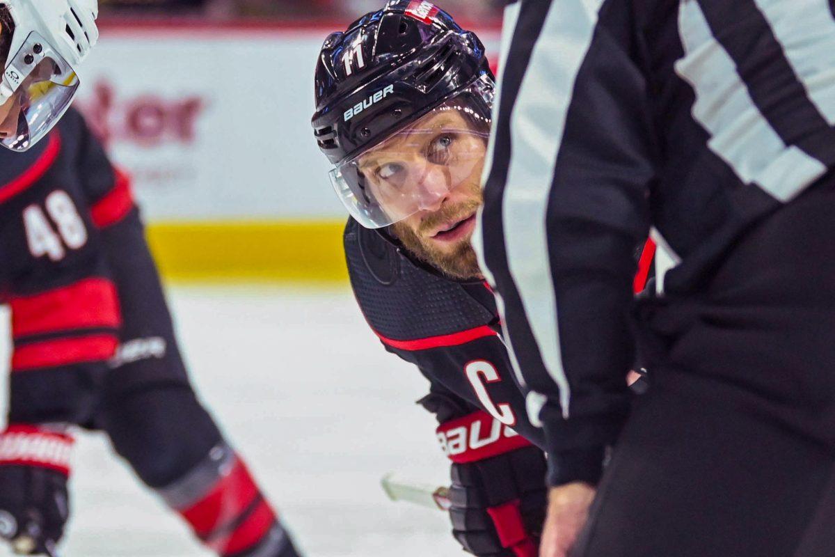 Center Jordan Staal looks at the referee before the puck drop during the Carolina Hurricanes game versus the Los Angeles Kings at PNC Arena on Monday, Jan. 15, 2023. The Kings beat the Hurricanes 4-2.