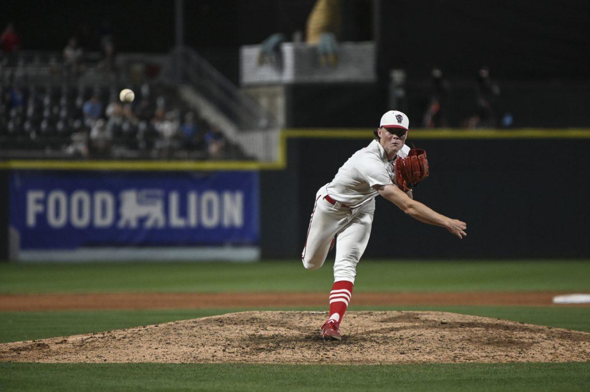 Freshman pitcher Jacob Dudan pitches during the Wolfpack's second game of the ACC Baseball Championship against the Duke Blue Devils on Truist Field in Charlotte, NC on Thursday, May 23, 2024. The Blue Devils beat the Wolfpack 8-1.