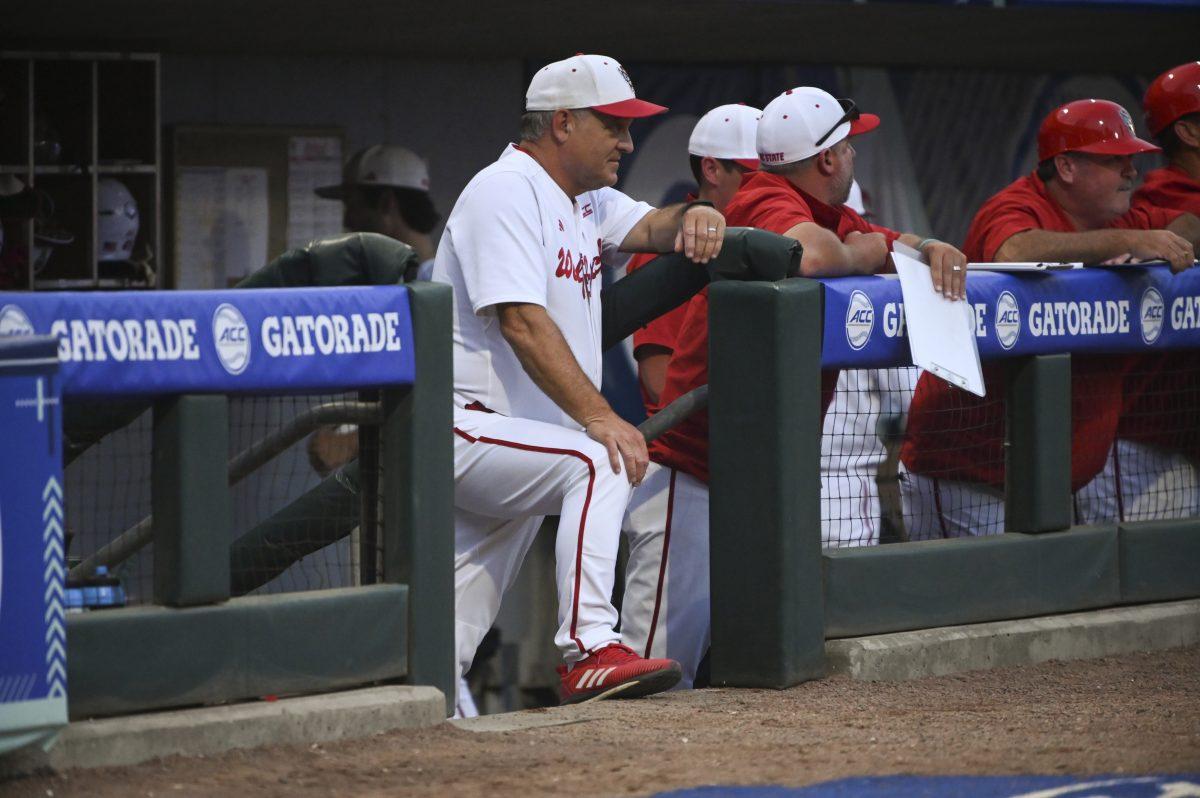 Head coach Elliott Avent looks out at the mound during the Wolfpack's second game of the ACC Baseball Championship against the Duke Blue Devils on Truist Field in Charlotte, NC on Thursday, May 23, 2024. The Blue Devils beat the Wolfpack 8-1.