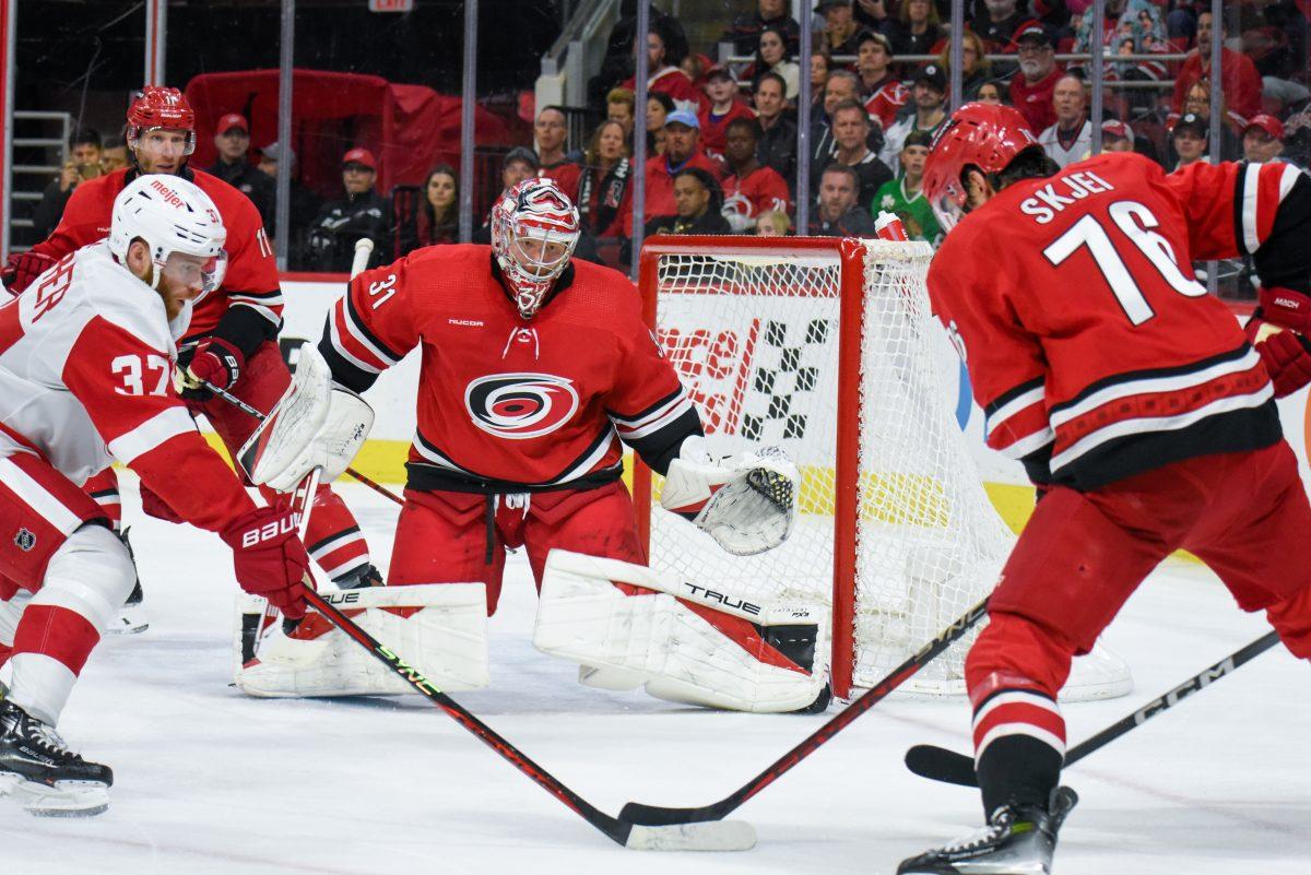 Hurricanes goalie Frederik Andersen gets in his stance to make a save during the game against the Detroit Red Wings in PNC Arena on Thursday, March 28, 2024. Andersen completed a shutout and was named a star of the game. The Hurricanes defeated the Red Wings 4-0.