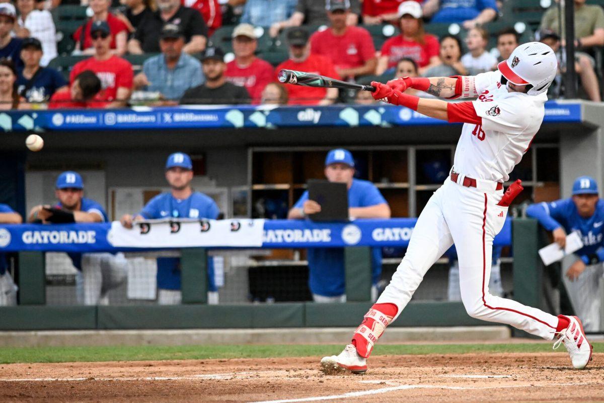 Sophomore outfielder Eli Serrano hits during the ACC Tournament game against Duke at Truist Field in Charlotte on Thursday, May 23, 2024. NC State lost to Duke 8-1.