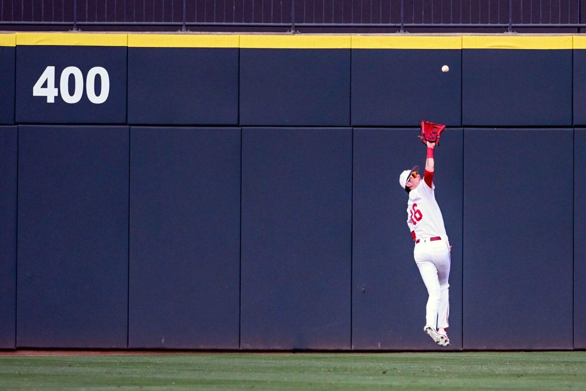 Sophomore outfielder Eli Serrano catches the ball for an out during the ACC Tournament game against Duke at Truist Field in Charlotte on Thursday, May 23, 2024. Serrano had one hit. NC State lost to Duke 8-1.