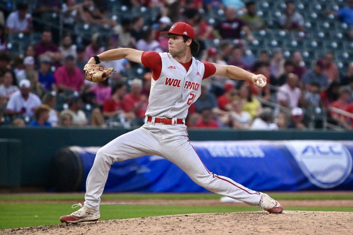 Freshman pitcher Ryan Marohn pitches during the Wolfpack's first game of the ACC Baseball Championship against the Virginia Tech Hokies on Truist Field in Charlotte, NC on Wednesday, May 22, 2024. Marohn gave up one run on five hits in four innings pitched. The Wolfpack beat the Hokies 19-9.