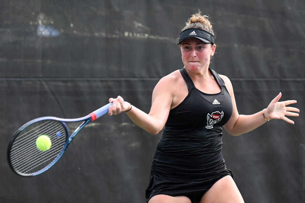 Senior Abigail Rencheli receives the serve during the ACC Tournament semifinals match against UNC-Chapel Hill at Cary Tennis Park on Saturday, April 20, 2024. NC State lost to Chapel Hill 4-0.