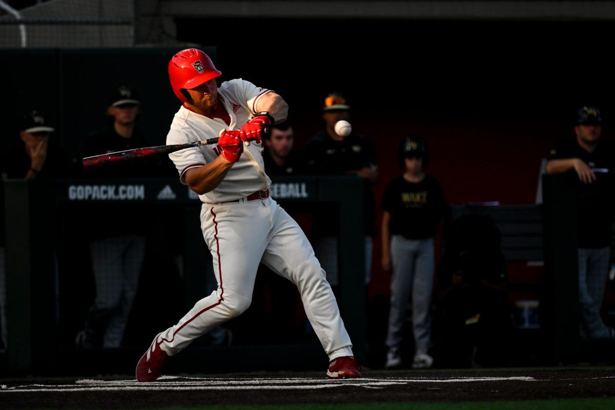Graduate infielder Garrett Pennington swings during the game against Wake Forest at Doak Field at Dail Park on Thursday, May 16, 2024. Pennington scored one run. NC State beat Wake Forest 14-3 in eight innings.