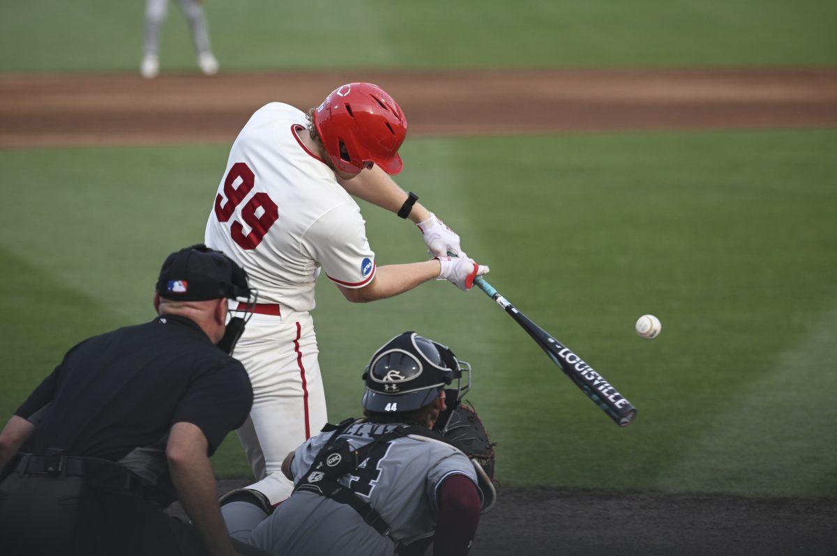 Graduate infielder Alec Makarewicz hits during the Wolfpack's NCAA Regional round game against the South Carolina Gamecocks on Doak Field at Dail Park on Saturday, June 1, 2024. The Wolfpack beat the Gamecocks 6-4.