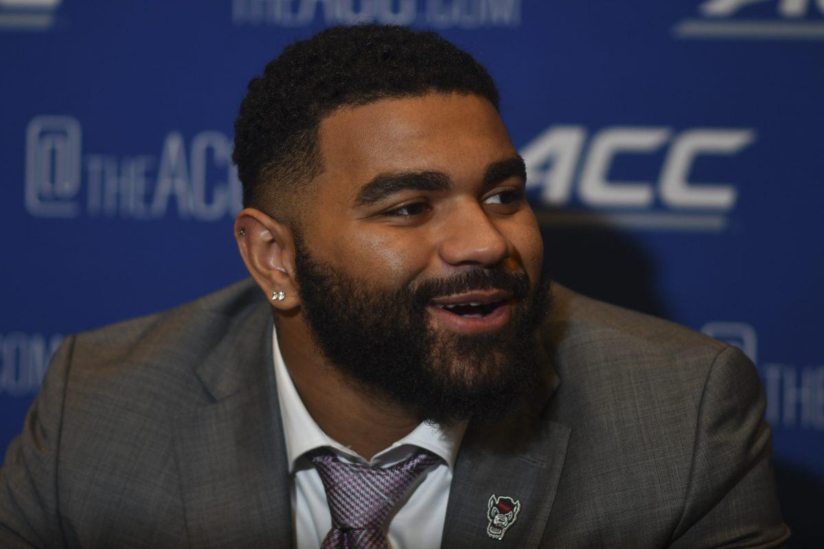 Senior defensive end Davin Vann answers questions during the ACC Kickoff event in Charlotte, NC on Thursday, July 25, 2024. Vann decided to return for his final year at NC State over a chance at the NFL Draft earlier in the offseason.