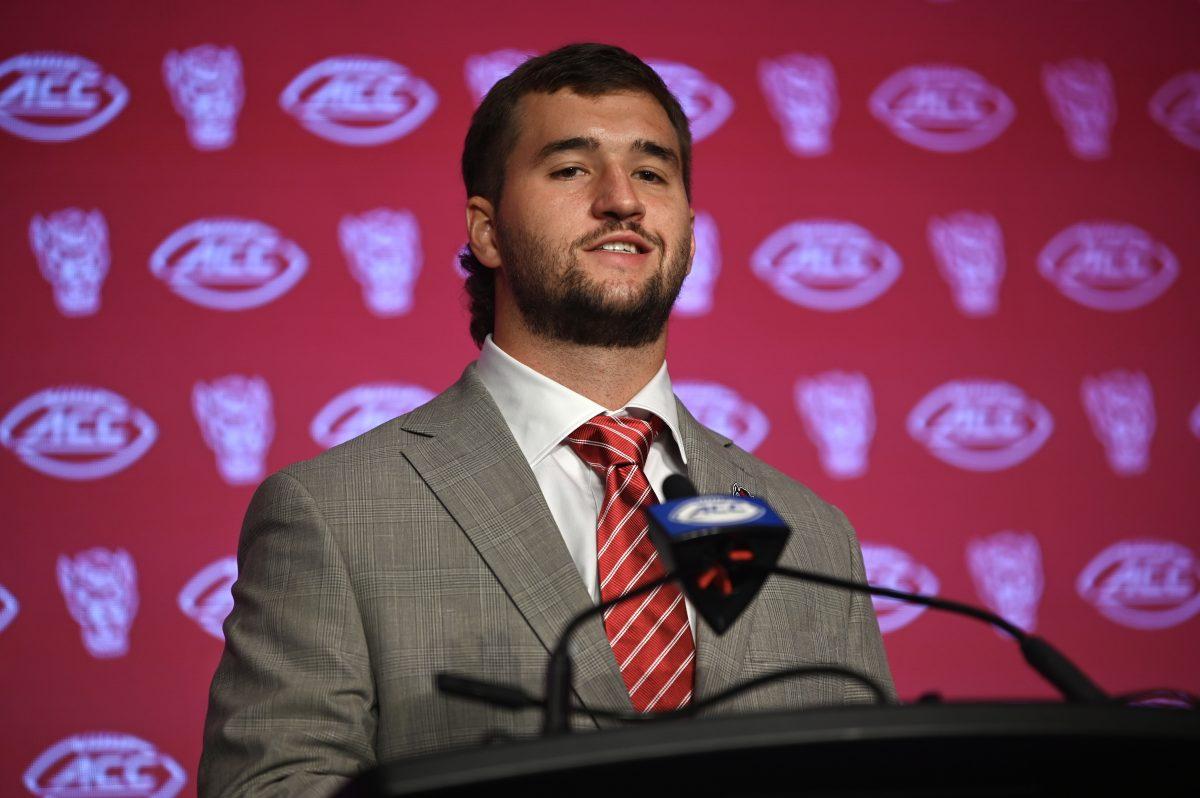 Graduate quarterback Grayson McCall talks to the media at the ACC Kickoff in Charlotte, NC on Thursday, July 25, 2024. McCall transfered in to NC State from Coastal Carolina with one year of eligibility left.