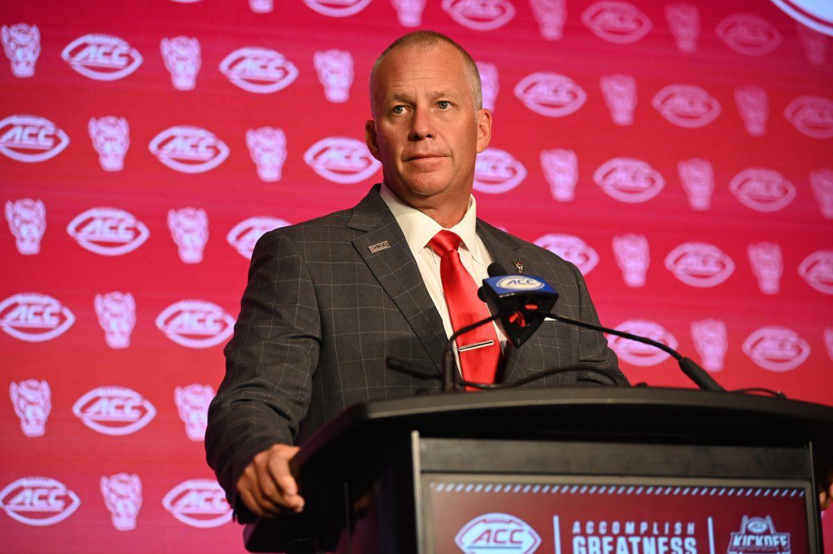 NC State head coach Dave Doeren speaks to the media during the ACC Kickoff event in Charlotte, NC on Thursday, July 25, 2024. Doeren answered questions related to the transfer portal, team culture and season projections.
