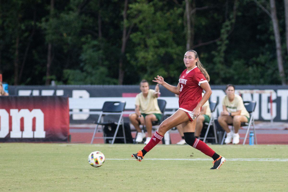 Graduate midfielder Jaiden Thomas eyes the ball during the match against the University of North Carolina Charlotte at Dail Soccer Field on Wednesday, Aug. 28, 2024. Thomas shot one goal against Charlotte. NC State beat UNC Charlotte 3-1.