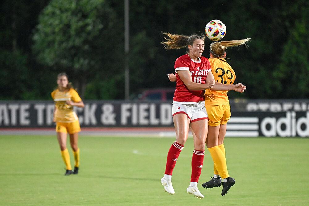 Senior midfielder Annika Wohner heads the ball during the match against Appalachian State University at Dail Soccer Field on Thursday, Aug. 15, 2024. Wohner made one shot. The match ended in a tie 0-0.