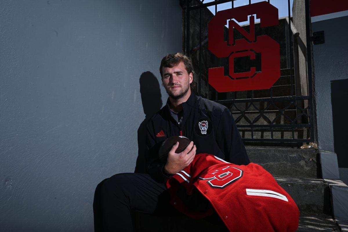 Graduate transfer quarterback Grayson McCall at Carter-Finley Stadium on Thursday, Aug. 22, 2024. McCall transferred to NC State with one year of eligibility from Coastal Carolina where he threw for 9,623 yards and rushed for 1,113.