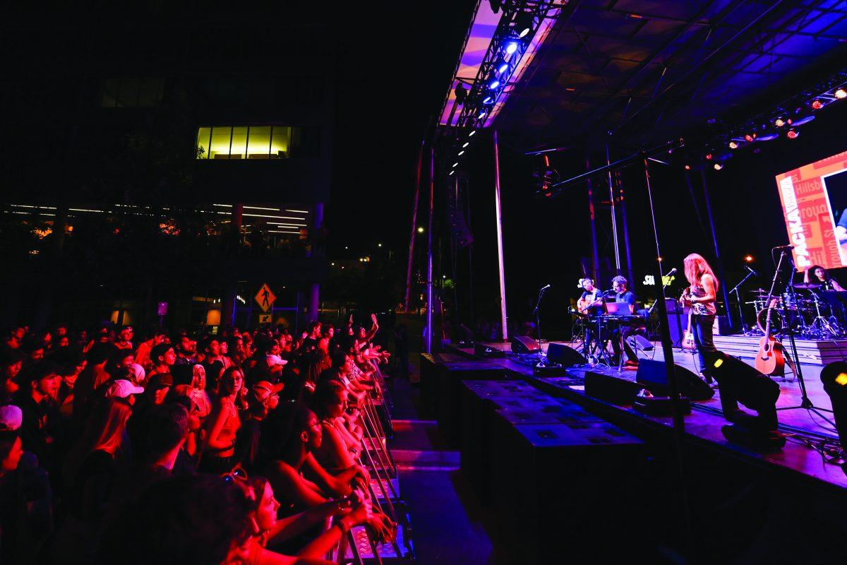 The band The Rescues performs on stage on Hillsborough Street near the NC State Belltower as part of Packapalooza on Saturday, Aug. 24, 2024. Packapalooza capped off the events and performances associated with Wolfpack Welcome Week.