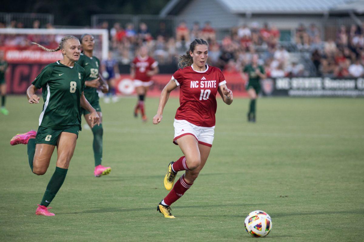 Senior midfielder Annika Wohner darts past defenders during the match against the University of North Carolina Charlotte at Dail Soccer Field on Wednesday, Aug. 28, 2024. Wohnder shot two goals against Charlotte. NC State beat UNC Charlotte 3-1.