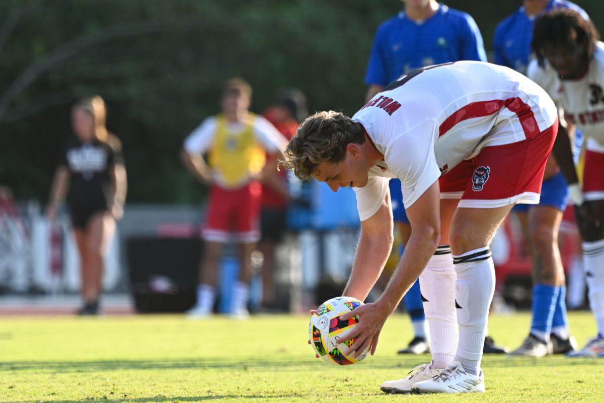 Senior midfielder Will Buete prepares to shoot a penalty kick during the match against Florida Gulf Coast University at Dail Soccer Field on Sunday, Aug. 25, 2024. Buete scored one goal with the penalty kick. NC State won 1-0.