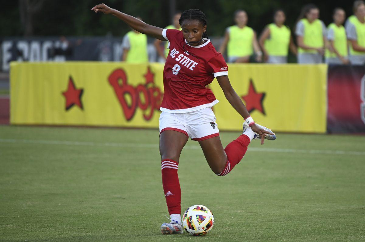 Sophomore forward Hannah Jibril crosses the ball during NC State's home game against Charlotte at Dail Soccer Field on Wednesday, Aug. 28, 2024. Jibril recorded an assist on the Wolfpack's second goal. The Wolfpack beat the 49ers 3-1.