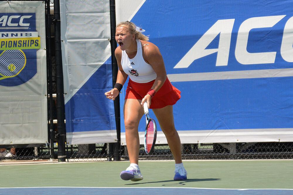 Freshman Diana Shnaider yells in celebration of a point during the match against Florida State University at Cary Tennis Park for the first day of the ACC Tennis Championship on Friday, April 21, 2023. Shnaider won her singles match 2-0. The Wolfpack beat the Seminoles 4-0.