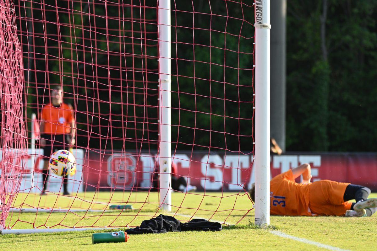 Senior midfielder Will Buete&#8217;s penalty shot scores a goal during the match against Florida Gulf Coast University at Dail Soccer Field on Sunday, Aug. 25, 2024. NC State won 1-0.