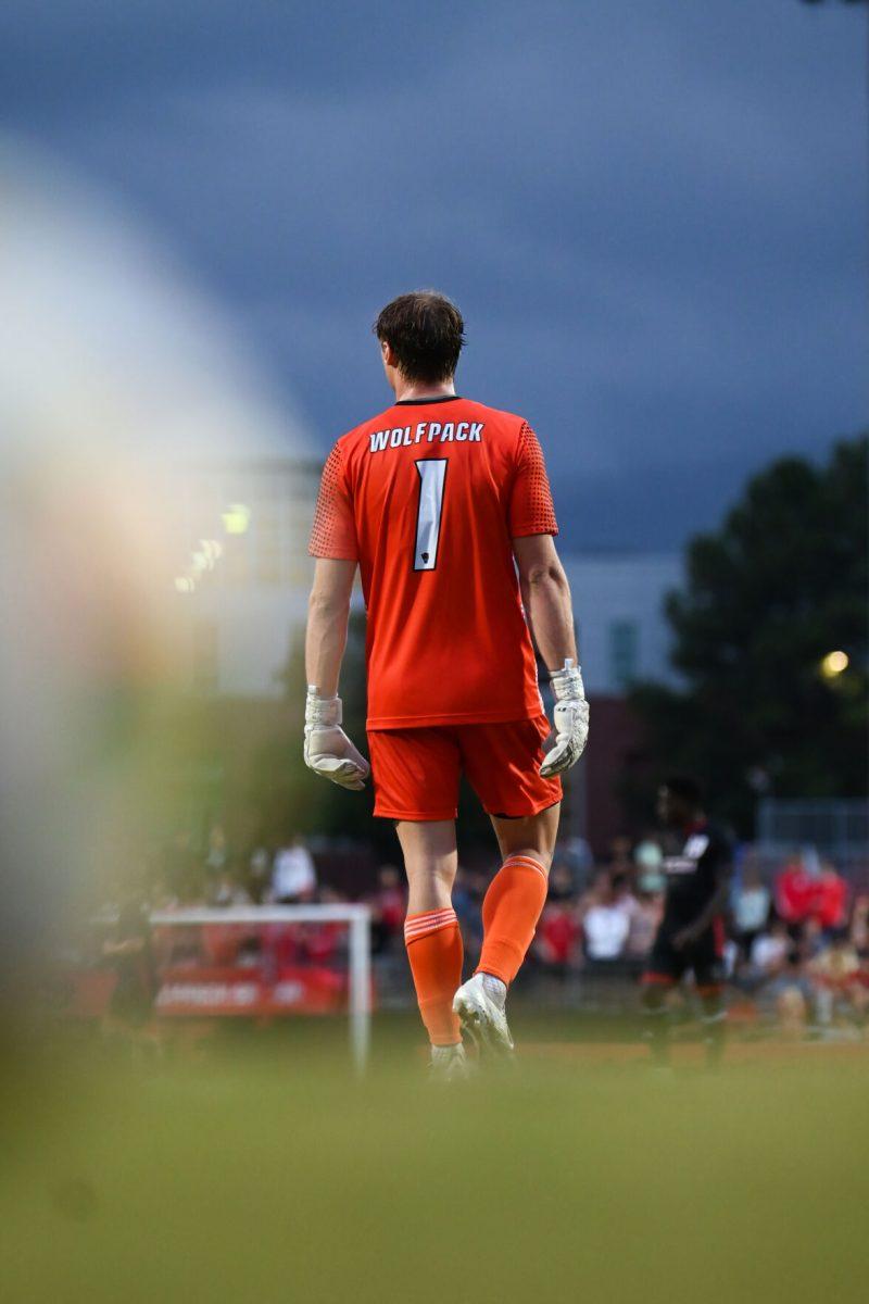 Junior Goalkeeper Logan Erb stands ready at the NC State against Stetson game at Dail Soccer Field on Friday, Sept. 13, 2024. The Wolfpack tied the Stetson Hatters 1-1.