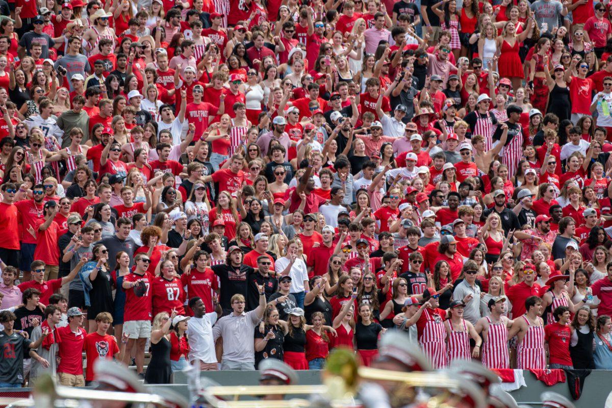 Students chant Wolfpack during the game against LA Tech at Carter-Finley Stadium on Saturday, Sept. 14, 2024. The Wolfpack beat the Bulldogs 30-20.