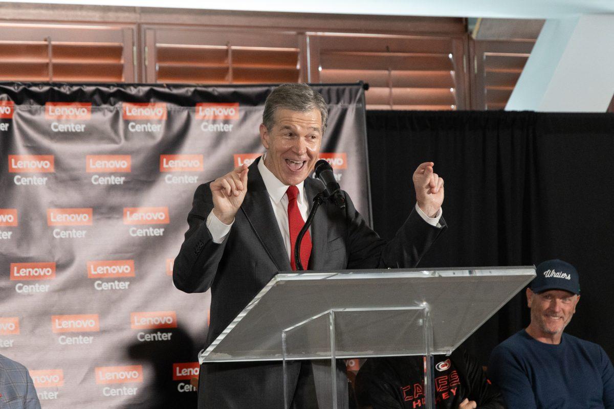 NC Governor Roy Cooper speaks at the Lenovo Center unveiling on Thursday, Sept. 19, 2024. Governor Cooper spoke on his outlook for the future of the Lenovo Center.