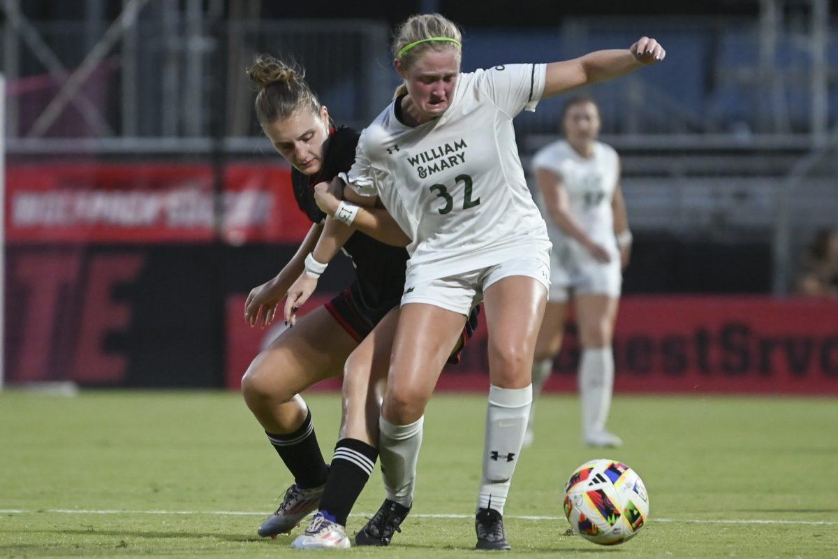Sophomore forward Jade Bordeleau holds her opponent during the match against William &amp; Mary at Dail Soccer Field on Thursday, Sept. 12, 2024. Bordeleau made one shot and had two fouls during the match. NC State lost to William &amp; Mary 1-0.