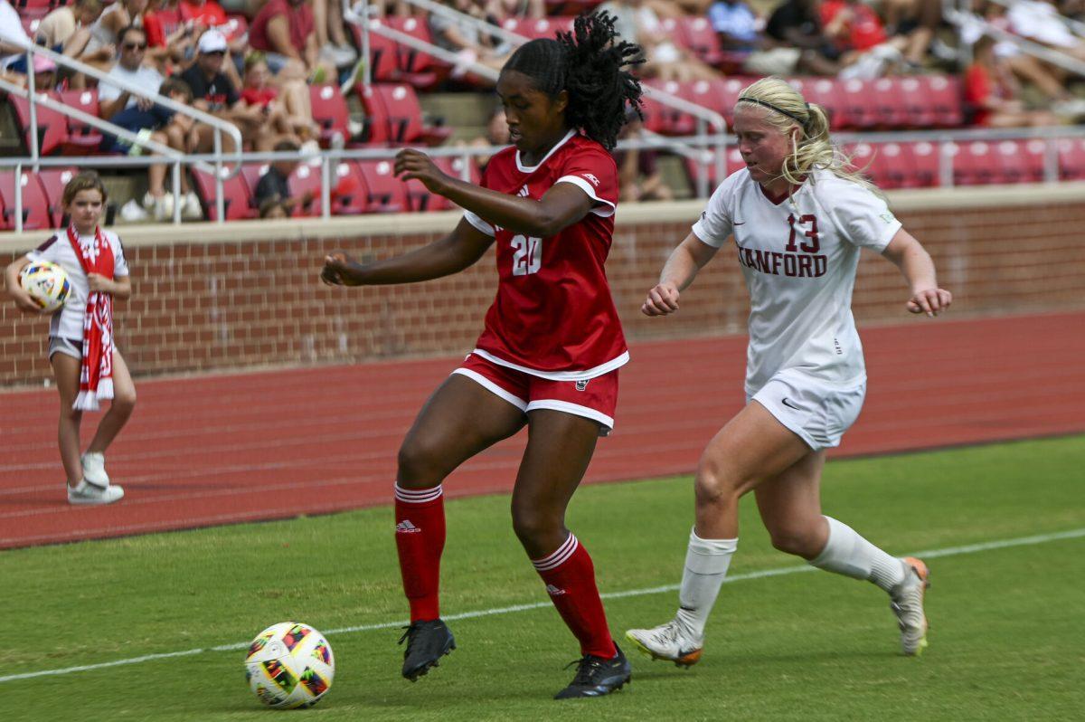 Junior defender Brooklyn Holt shields the ball in the match against Stanford University at Dail Soccer field on Sunday, Sept. 22, 2024. NC State lost to Stanford 2-0.