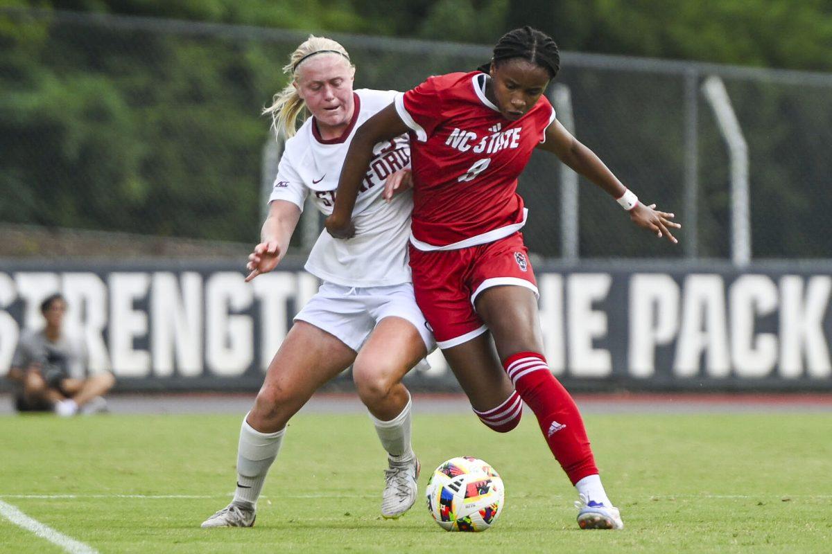 Sophomore forward Hannah Jibril fights for possession of the ball during the match against Stanford University at Dail Soccer Field on Sunday, Sept. 22, 2024. NC State lost the match against Stanford 2-0.