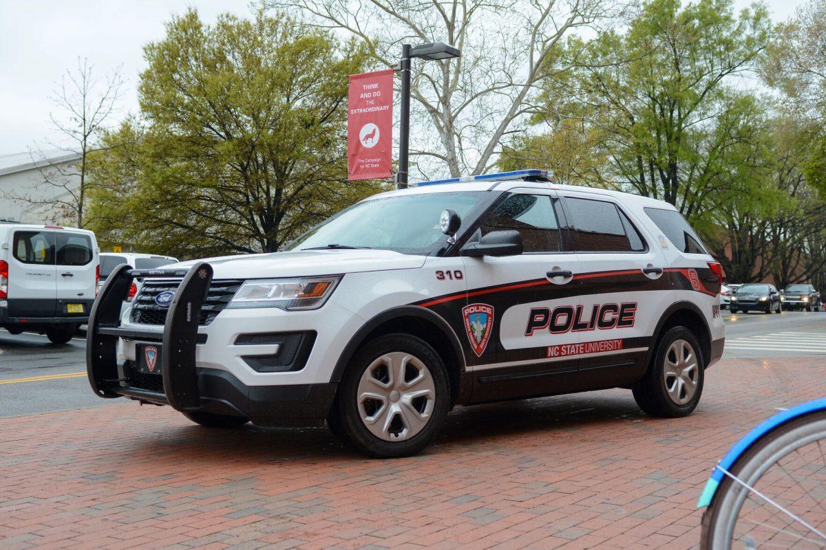 A police car sits outside Talley Student Union on Monday, April 15, 2022.