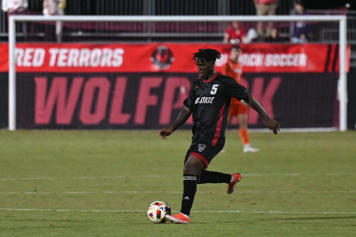 Senior midfielder Vusumzi Plamana prepares the kick the ball at NC State's game against Stetson University at Dail Soccer Field on Friday, Sept. 13, 2024. The Wolfpack tied the Hatters 1-1.